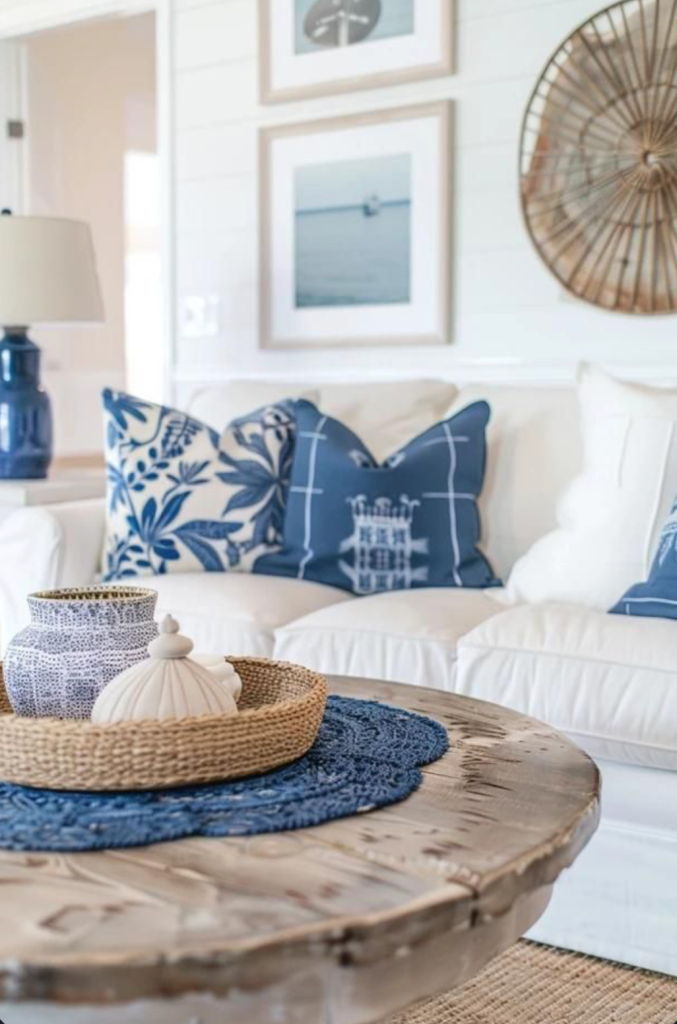 coastal living room with blue and white decor, distressed wood coffee table and nautical accents