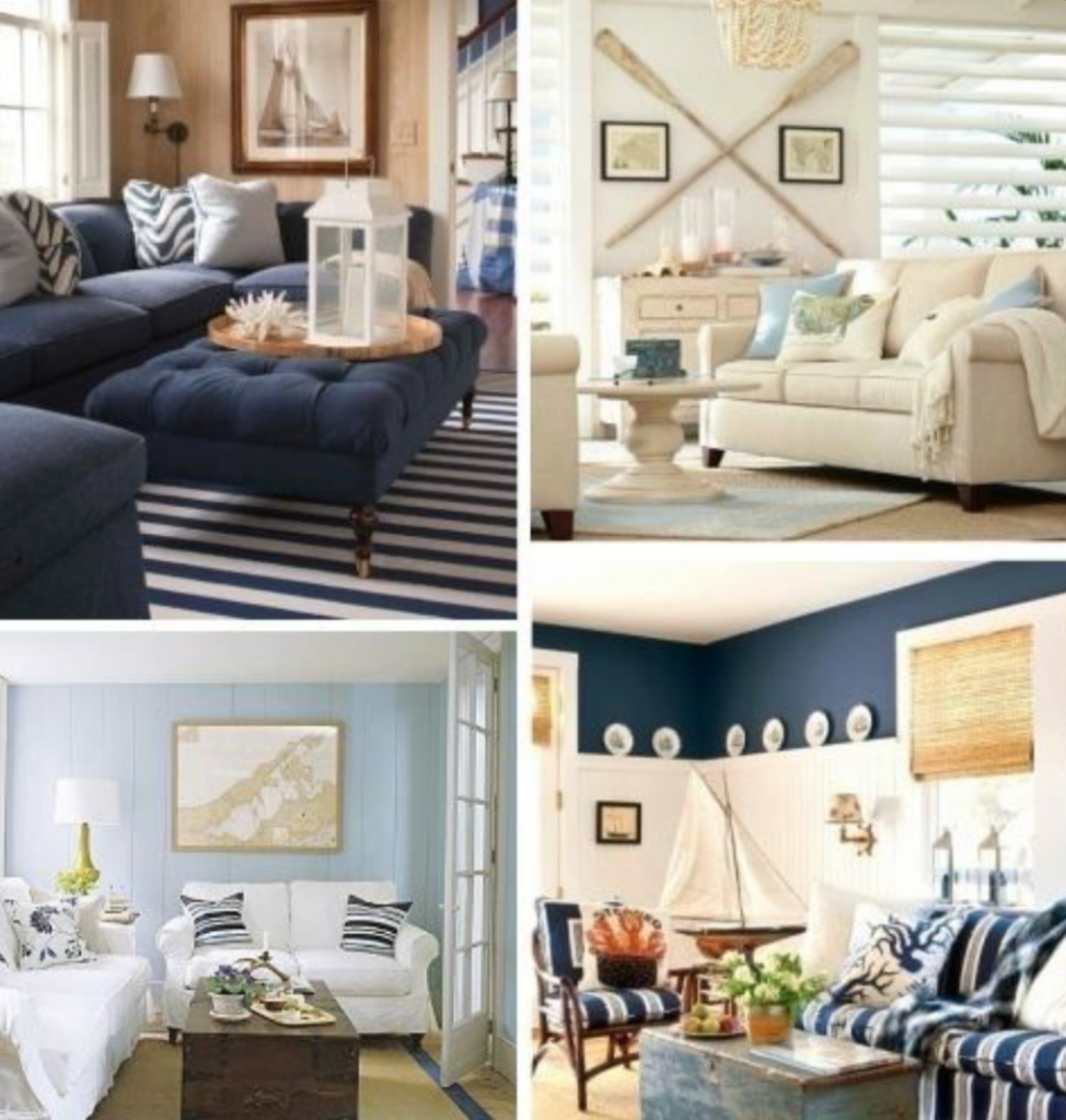 coastal interior design ideas featuring navy blue furniture, striped accents and beach-inspired decor