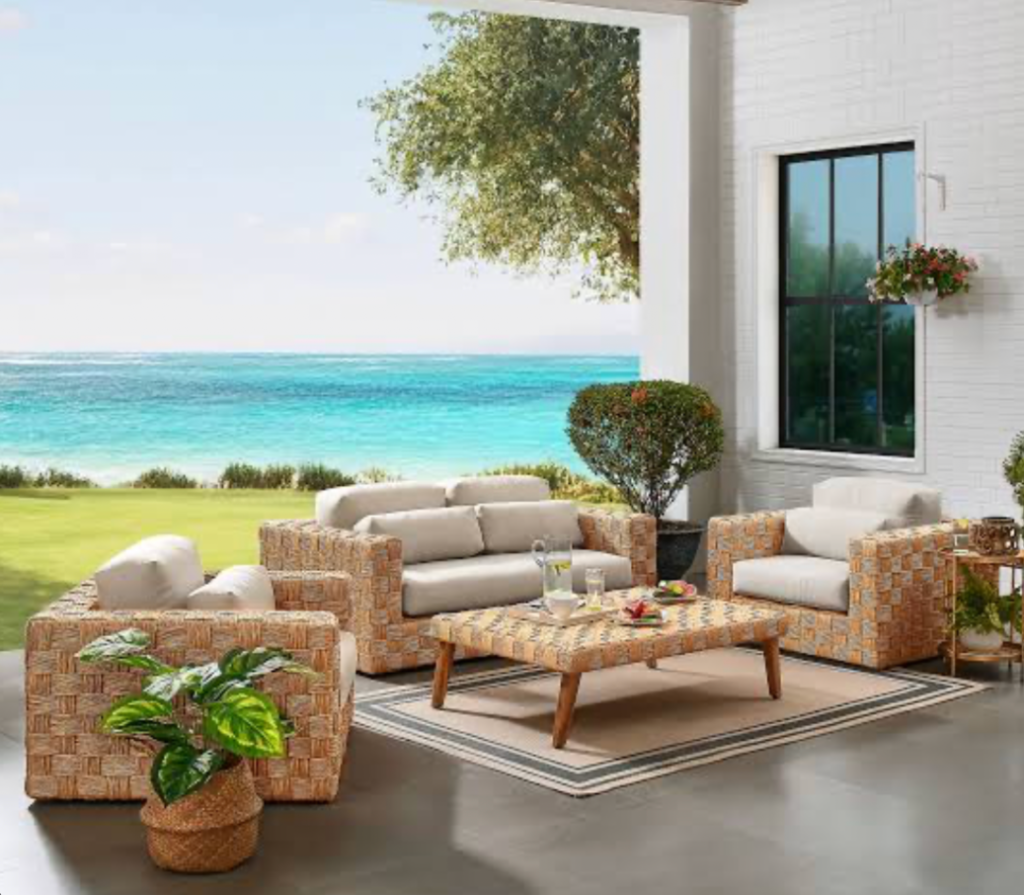 coastal interior design ideas featuring navy blue furniture, striped accents and beach-inspired decor