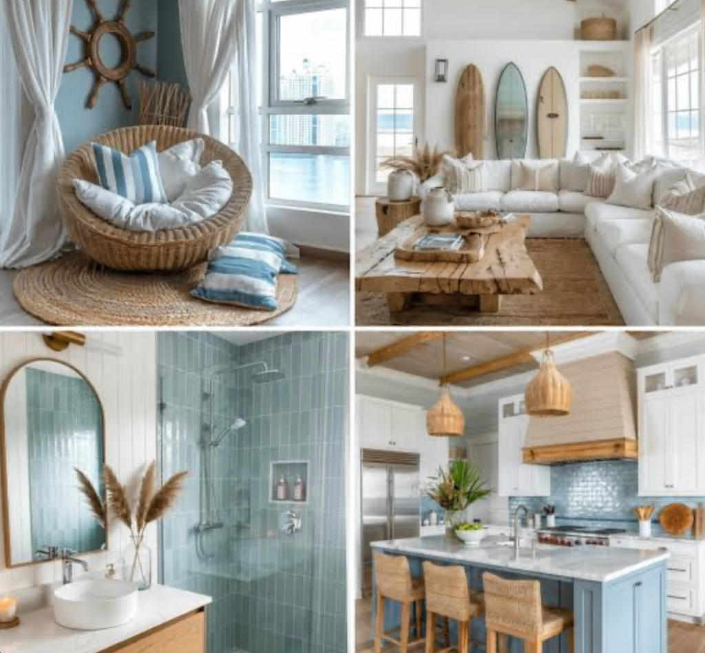 coastal home decor inspiration featuring beach-themed living room, bathroom and kitchen designs