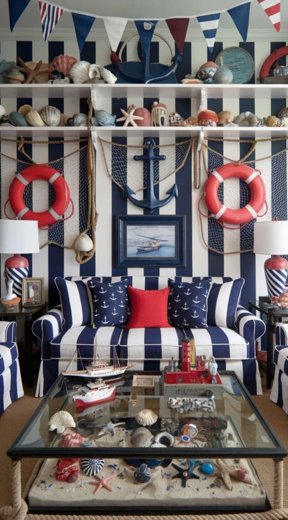 nautical coastal decor room with striped furniture, anchors, lifebuoys and maritime accessories