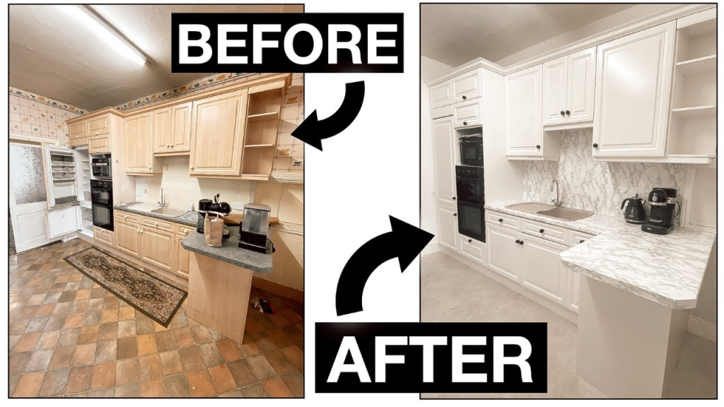 Before and after kitchen cabinet makeover with painted cabinets and modern white kitchen renovation