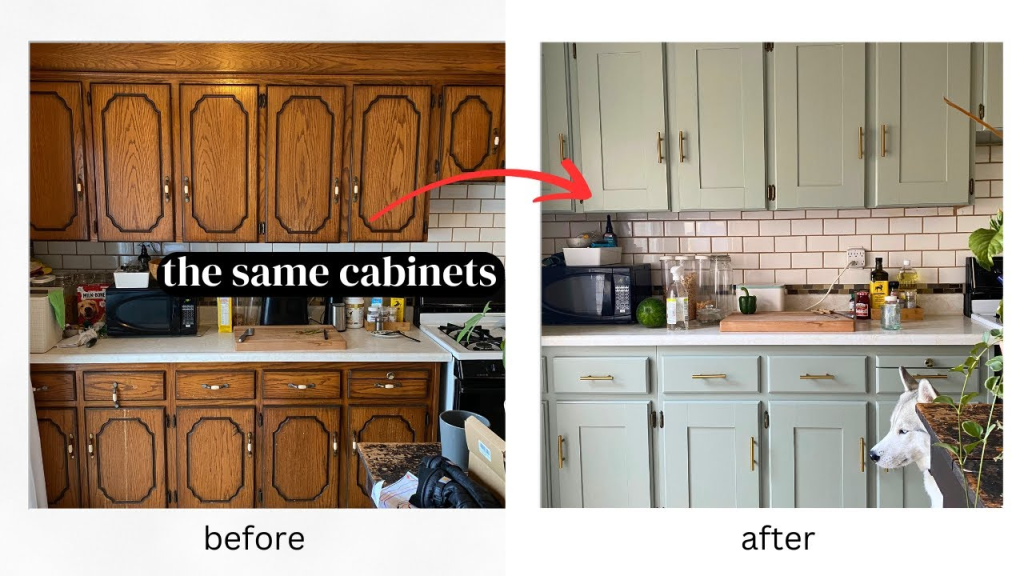 Oak kitchen cabinets transformed with paint and new hardware before and after kitchen update