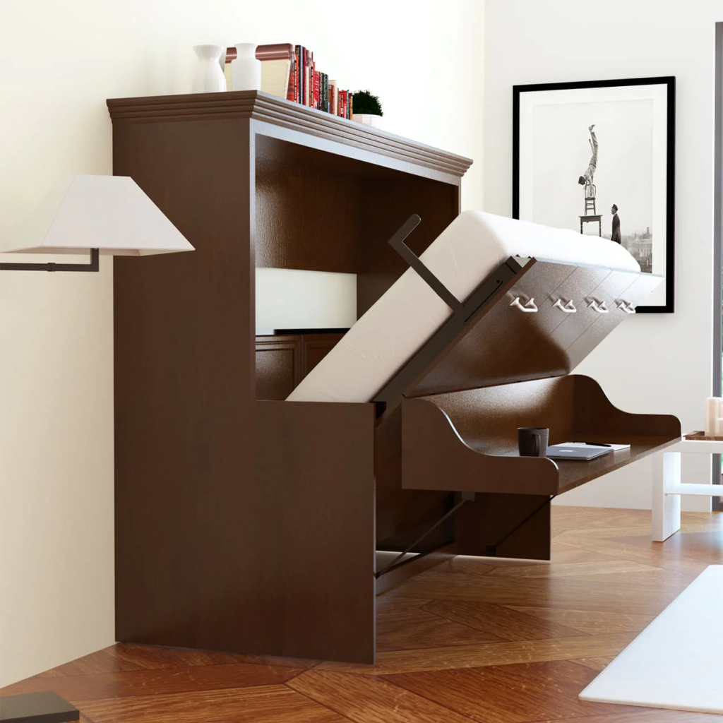 A murphy bed converting into a desk.