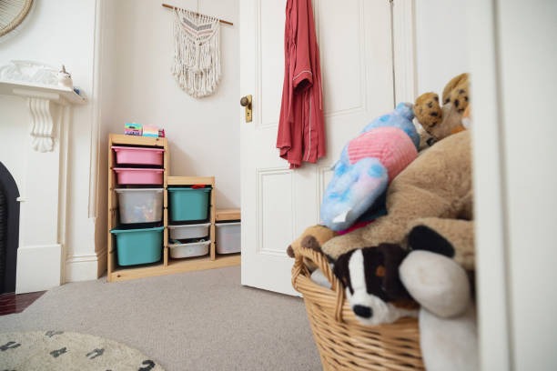 Kids room storage with colorful bins and basket for toys and stuffed animals