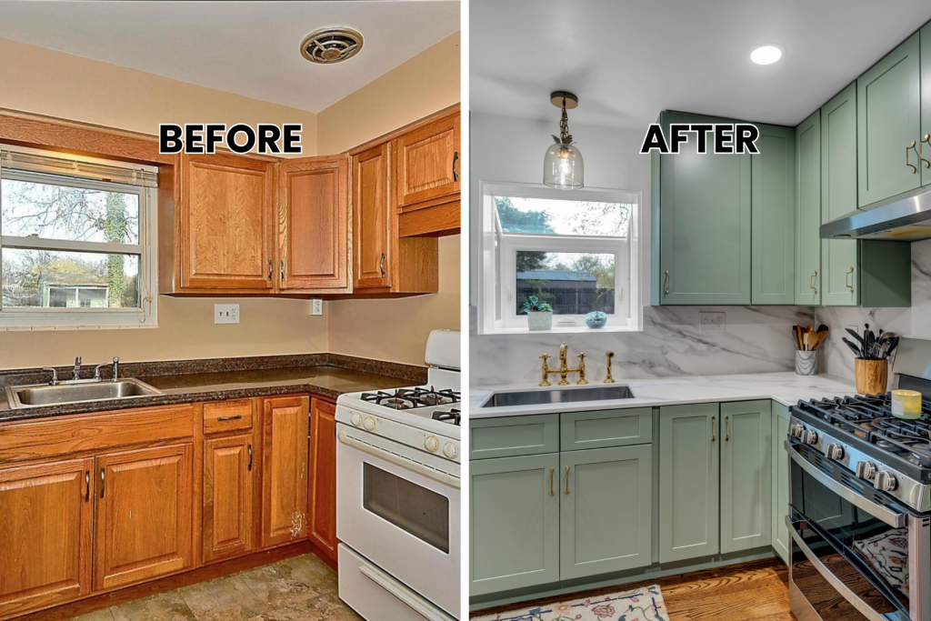 Before and after kitchen remodel featuring sage green cabinets, marble backsplash and brass fixtures