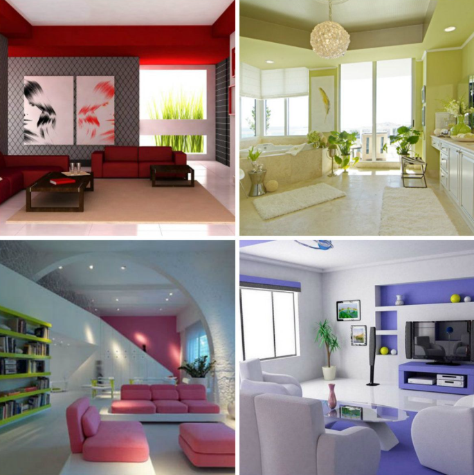 a collage of different rooms showing various color palettes