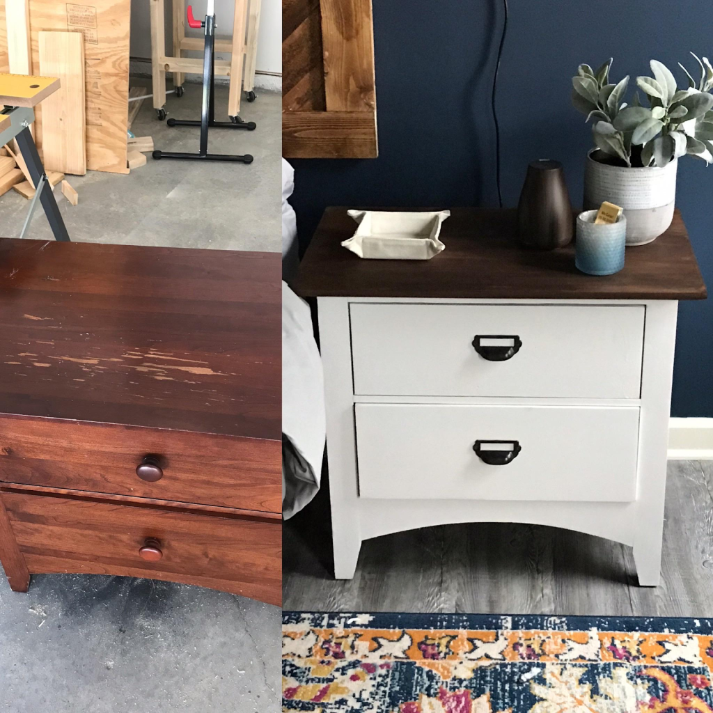 A before and after side by side collage of a thrift store brown scuffed nightstand being upcycled with some white paint and new handles.