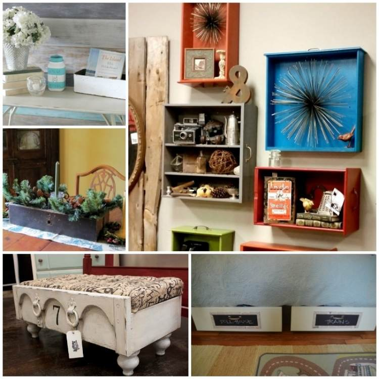 A collage of repurposed drawers into art pieces and functional items.