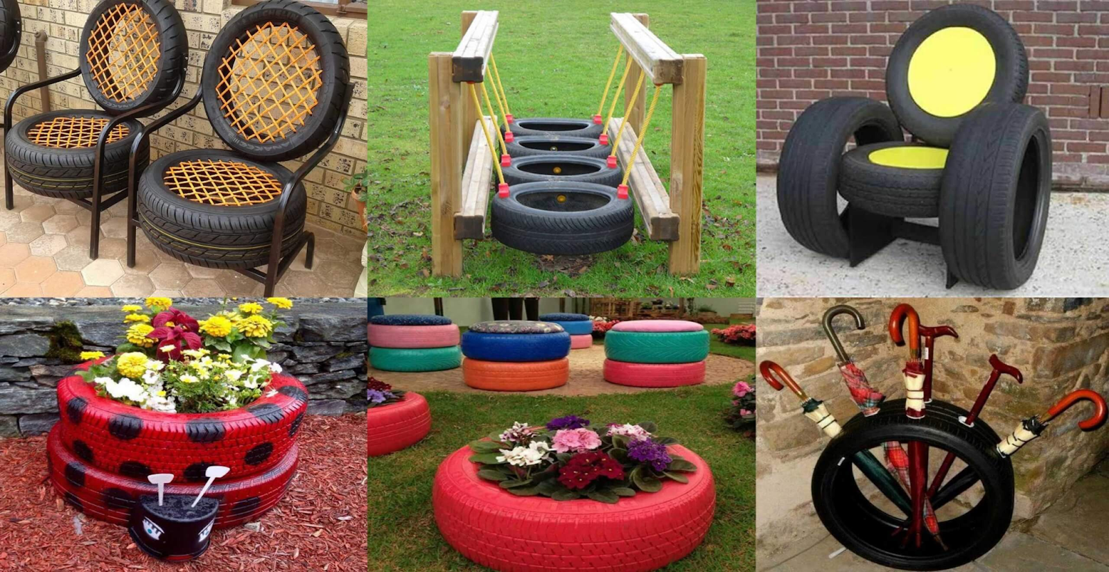 A collage of various upcycled tire creations.