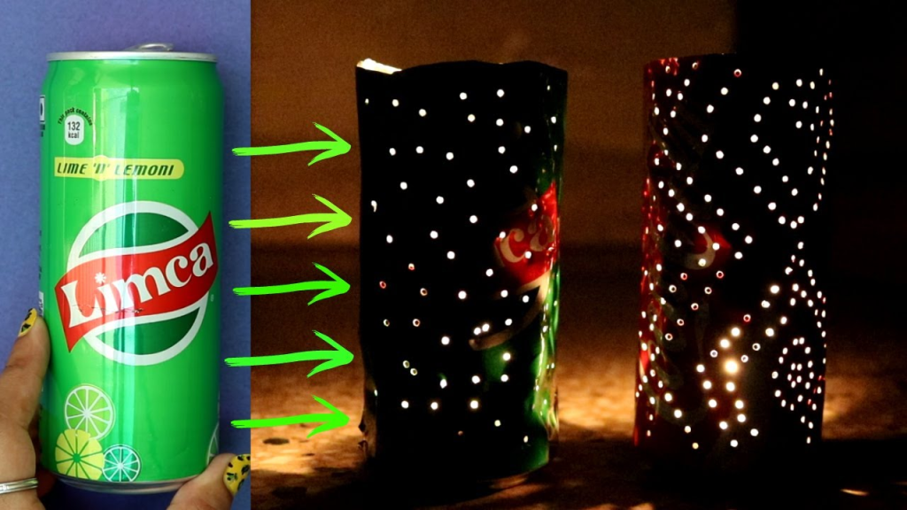 A soda can on the left with a secondary picture of the right showing that can next to a red can with holes shining as a light in the dark. both pictures are separated by green arrows pointing from the left image to the right image highlighting the transition.