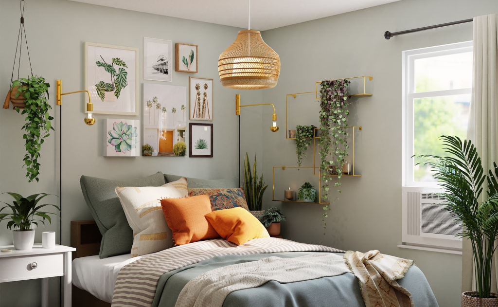 A warm bedroom with lots of artwork.