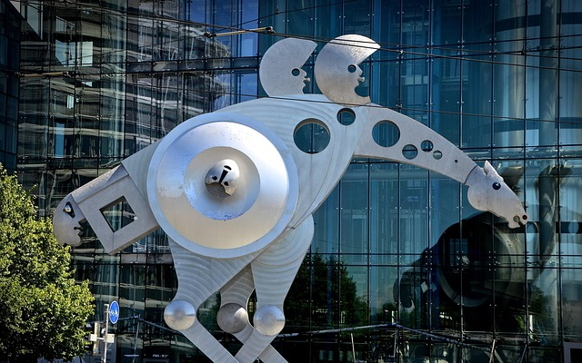 Metal repurposed into a large 13 meters (43 feet) tall horse appearing to run in Heidelberg, Germany.