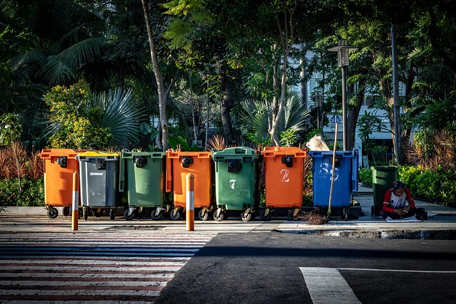 A line of bins on the corner of a street.