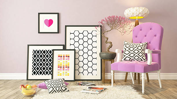 Wall art, vibrant decor, and furniture layed out in a gallery.