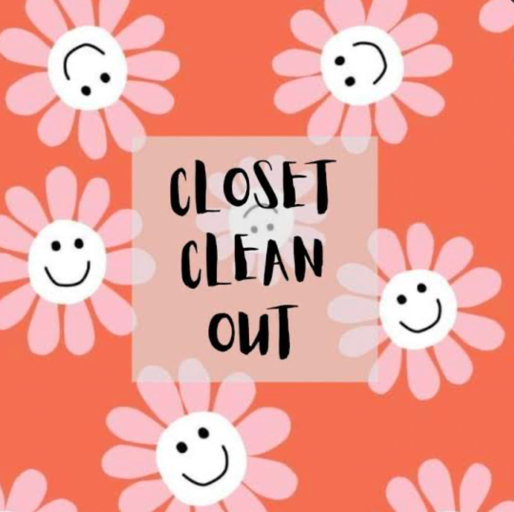A peach and floral background flyer with smiley faced cartoon flowers reading Closet Clean Out in the center.