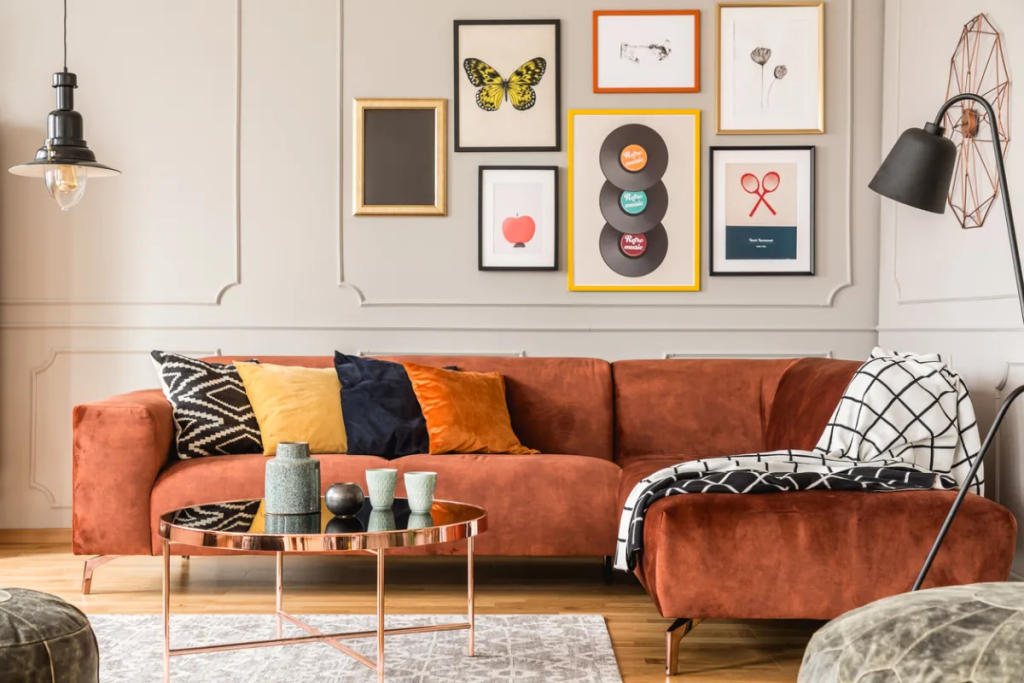 Various wall art in a living room.