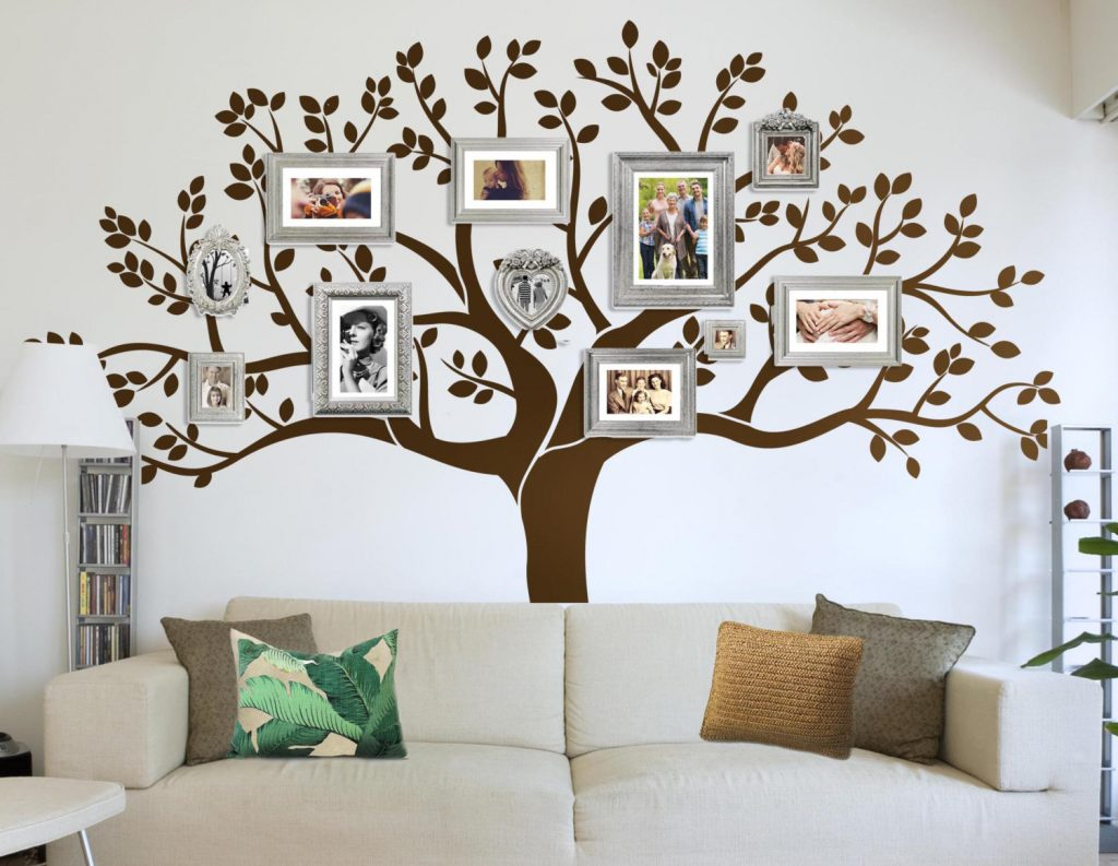 A family tree on a wall with frames pictures on its branches.
