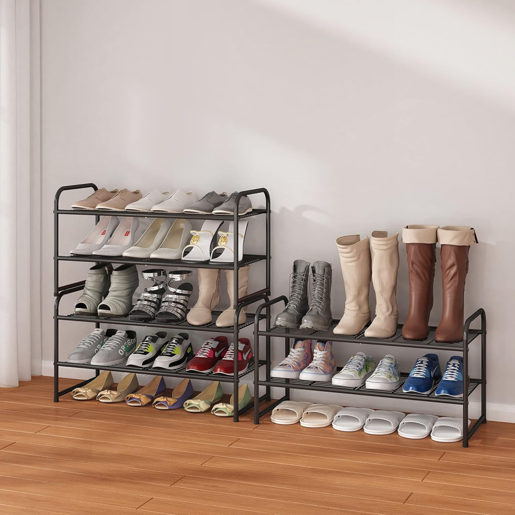 A two-tier and three-tier metal shoe rack next to each other on hardwood flooring.