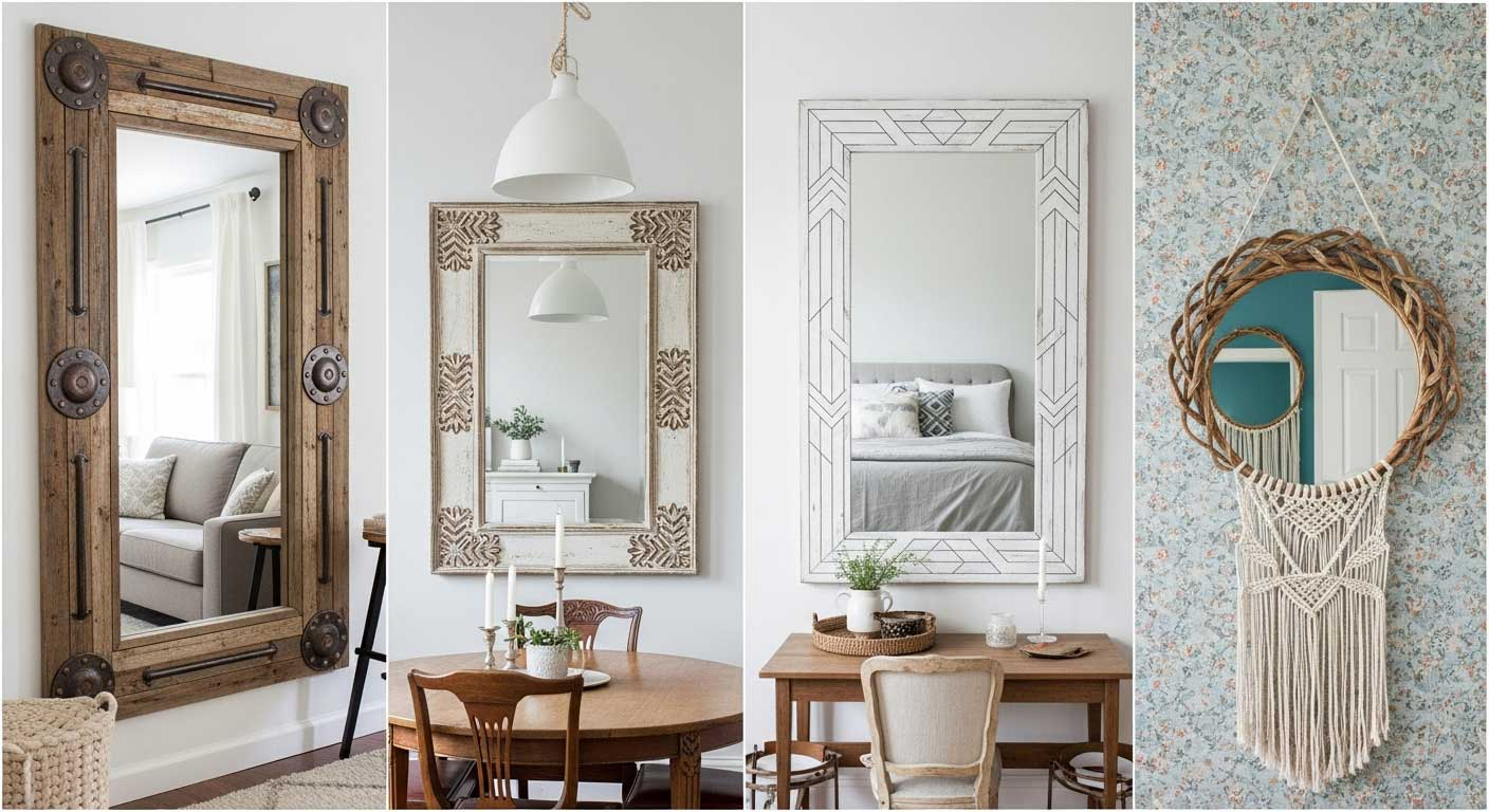 A collage of three custom framed mirrors.