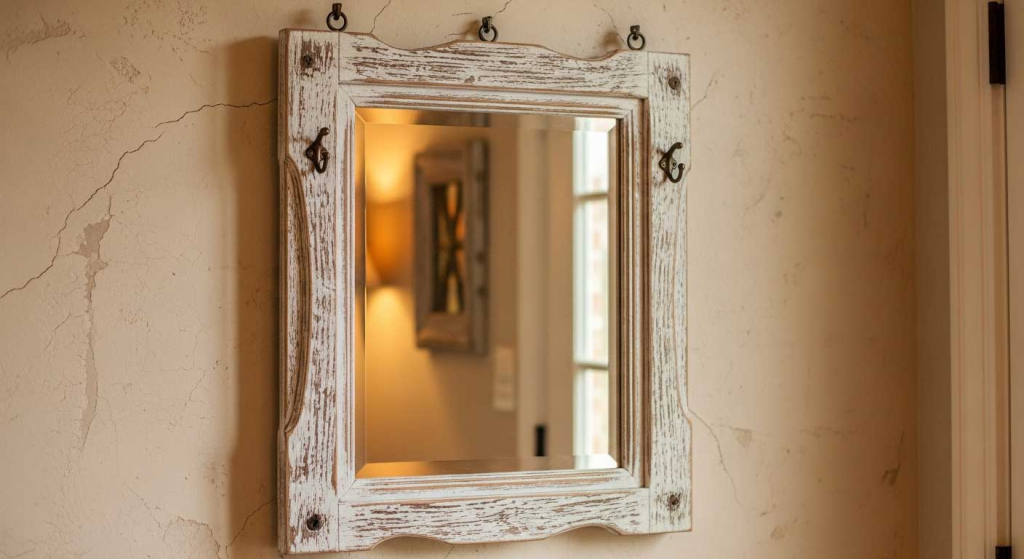 A rectangular mirror in a DIY frame next to the home's entryway.