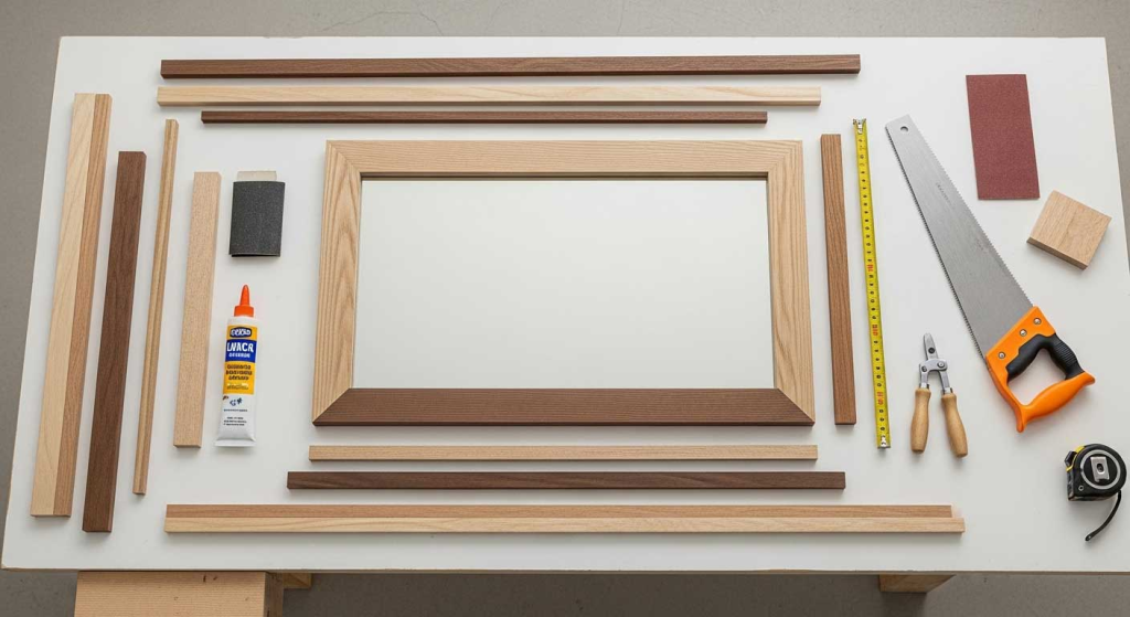 Frame making material laid down on a white work tabled pictured from the top down.