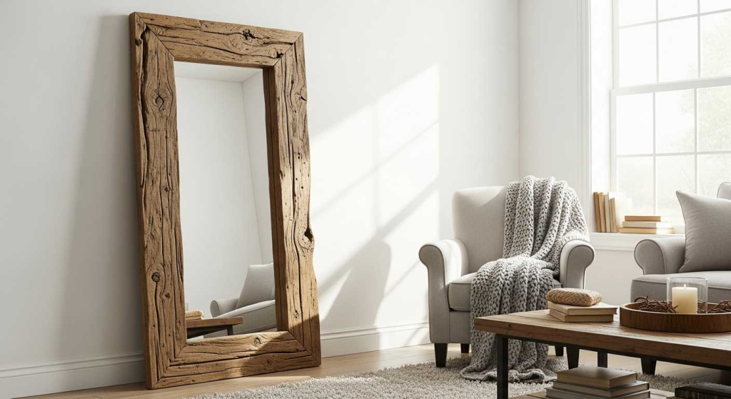 Rustic reclaimed wood used as a frame for a large mirror in a living room.