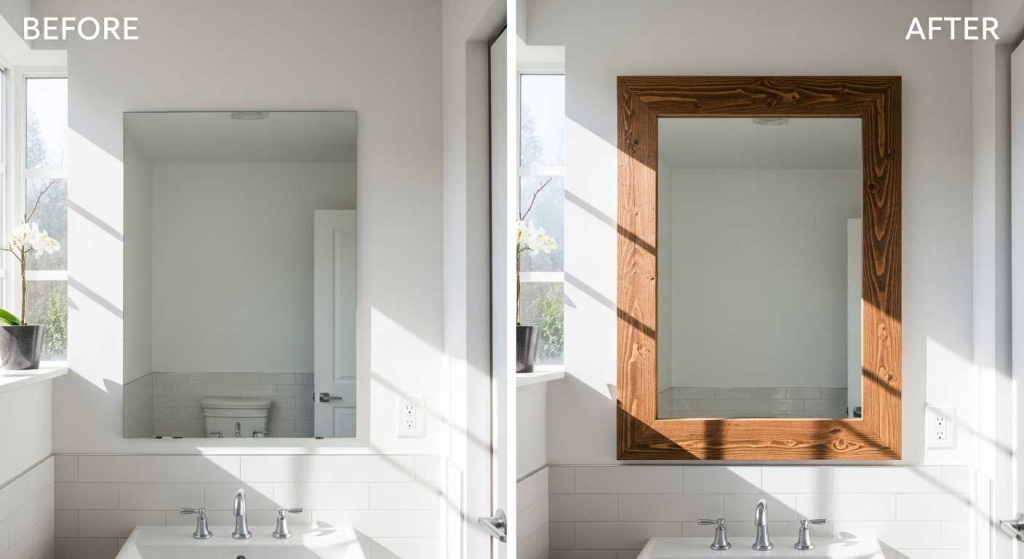 A side by side before and after DIY frame addition to an initially plain frameless mirror.