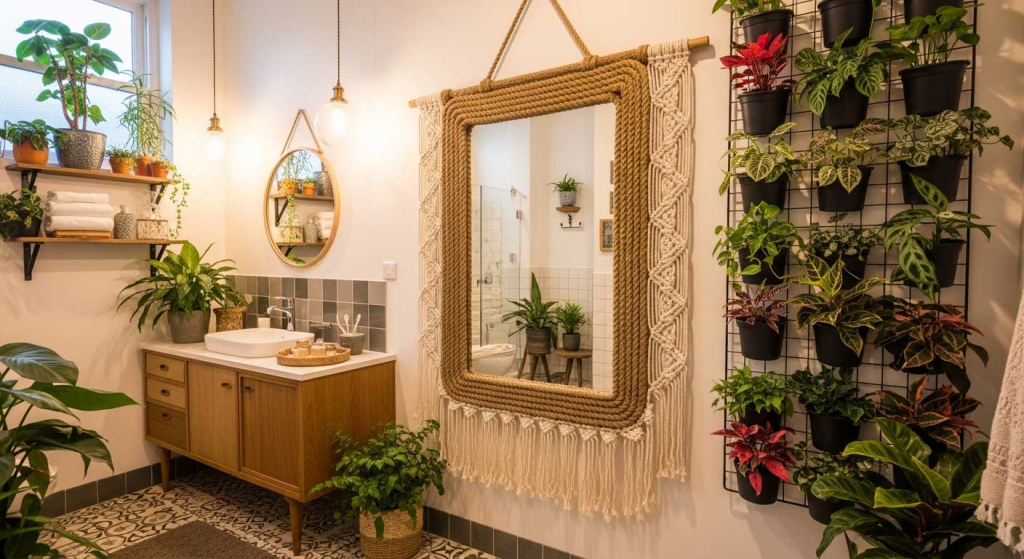 Two mirrors in a beautiful bathroom. The large rectangular one to the right has a crocheted frame hung up by rope. And the smaller circular mirror one above the sink is framed with bamboo.