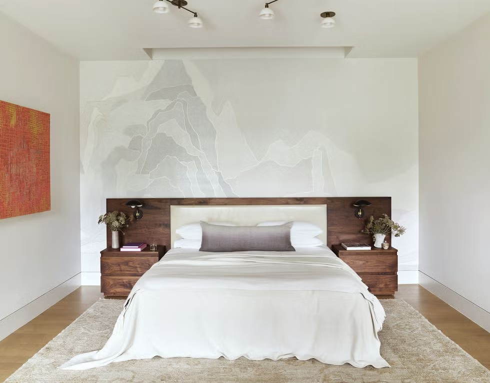 Minimalist bedroom with side tables and wall art with a white modern architecture interior design