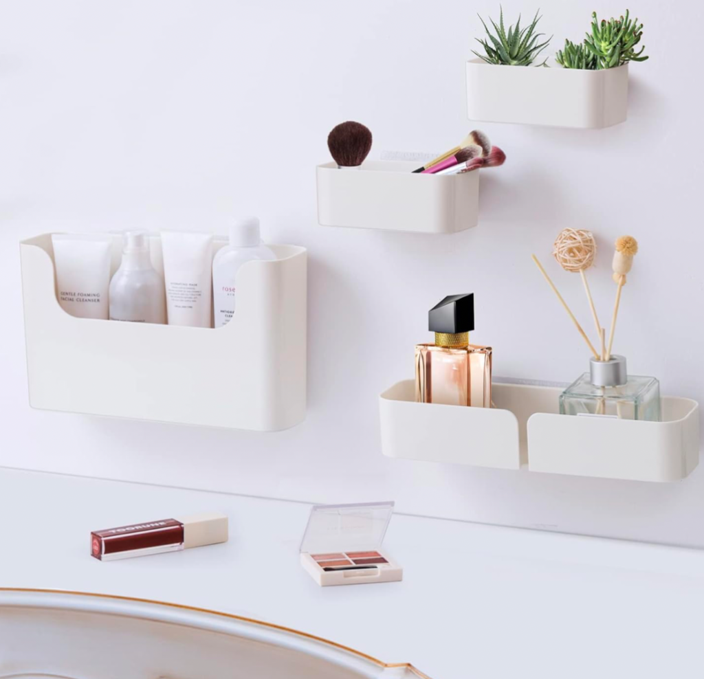 Wall mounted bathroom makeup storage shelves.