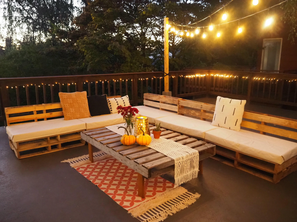 A whole patio set made of repurposed pallets