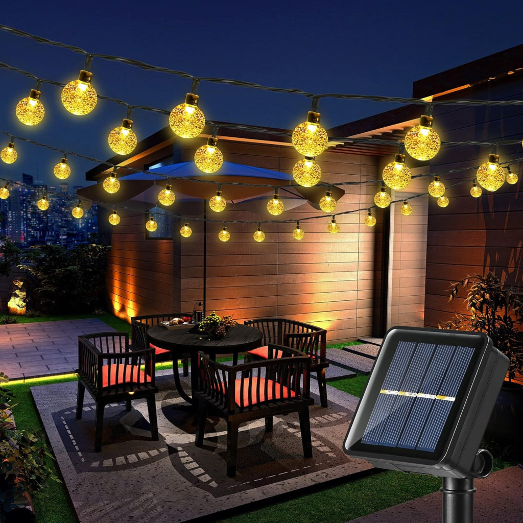 Weatherproof solar string lights in a backyard.