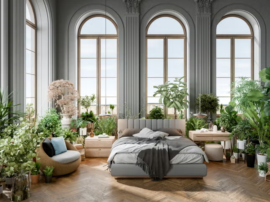 Lush bedroom with tall arched windows and abundant indoor plants