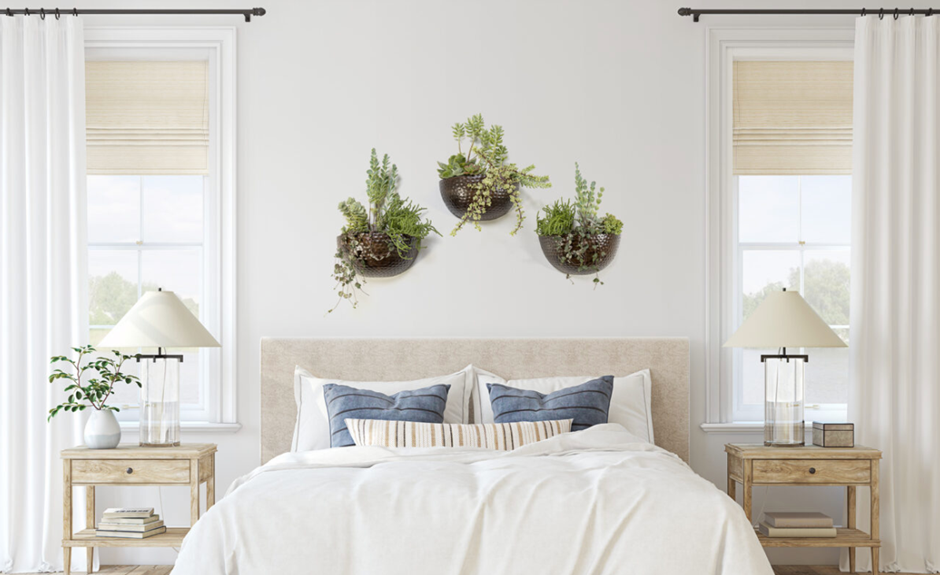 Neutral bedroom with wall planters and matching curtains