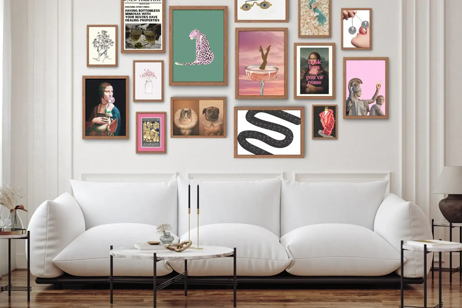 Small-space gallery wall with symmetrical layout and affordable prints