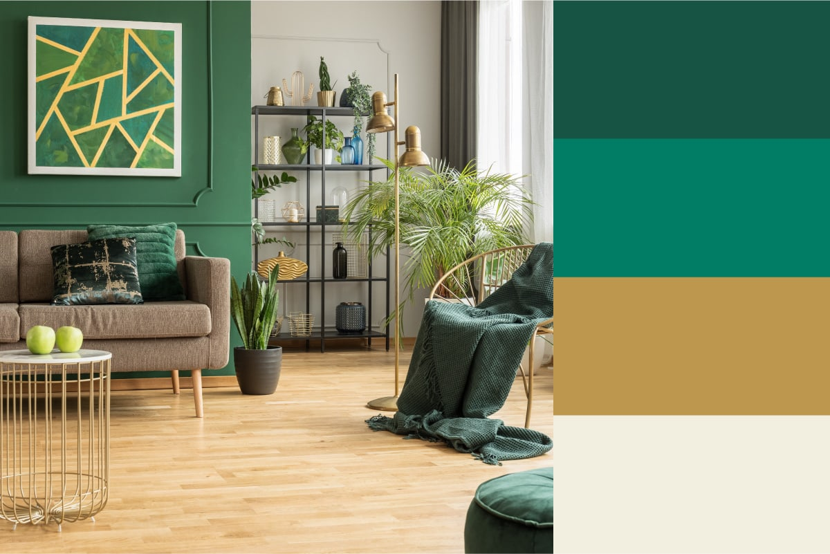 Lighter green hues, reflective floor surfaces, and natural lighting enhancing this living room’s depth