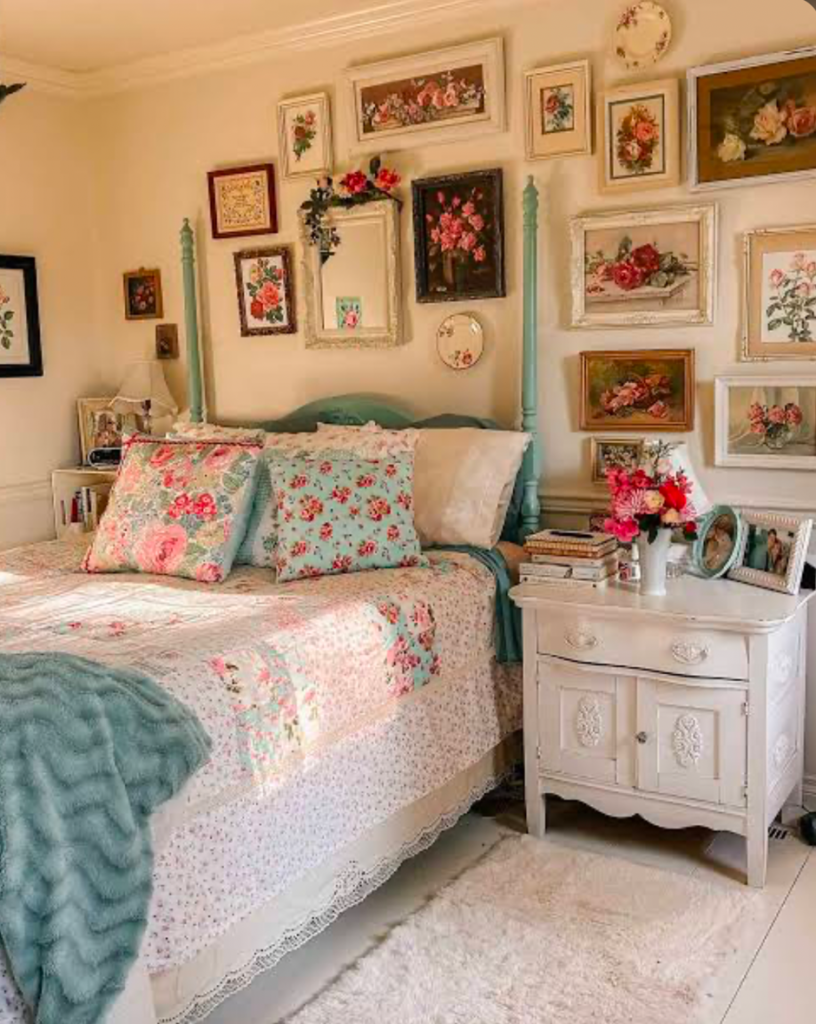 Bright floral-themed bedroom with framed flower art and a cozy quilted bedspread