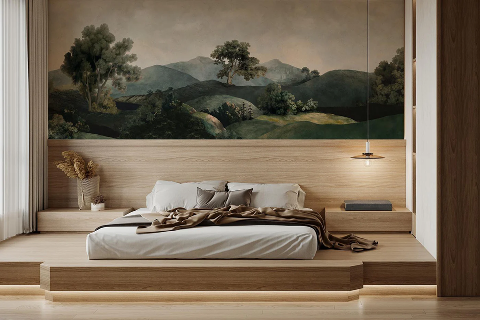 Artistic bedroom wall mural with a serene nature-inspired design, creating a relaxing and stylish space.