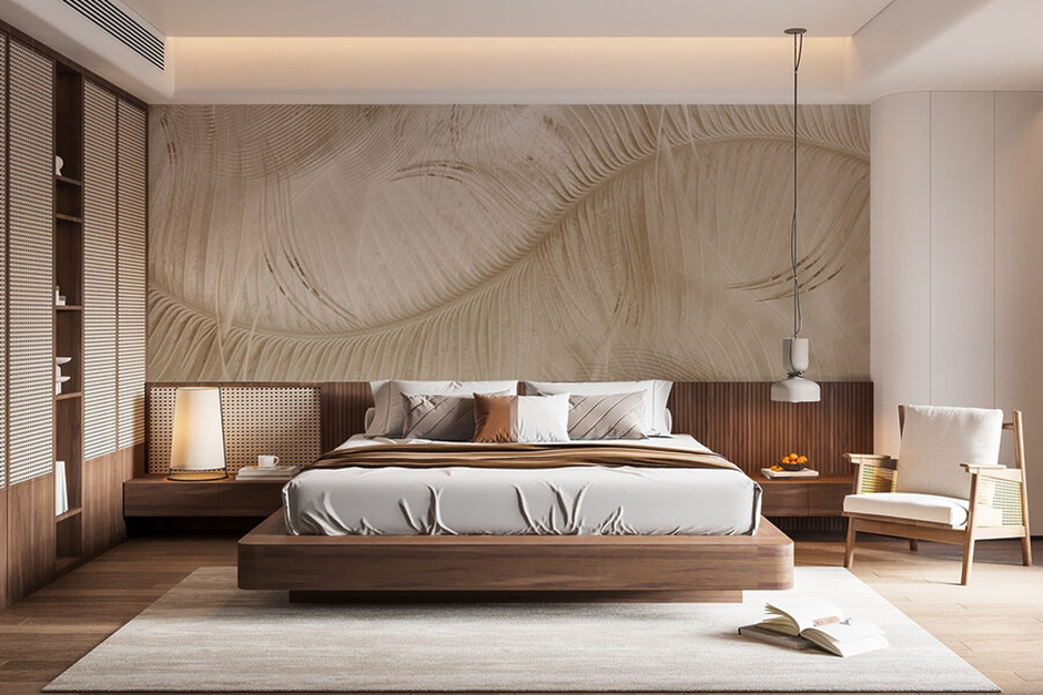 Modern bedroom featuring an artistic wall mural with soft pastel patterns for a cozy and creative look.