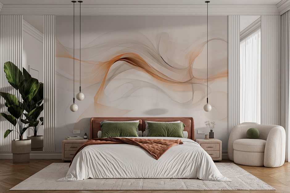 Vibrant artistic bedroom wall mural with abstract shapes, adding energy and personality to the room.