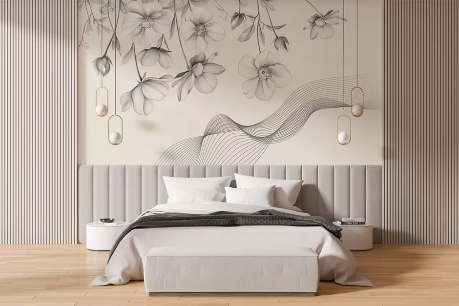 Elegant bedroom mural with a hand-painted artistic design that transforms the wall into a statement piece.