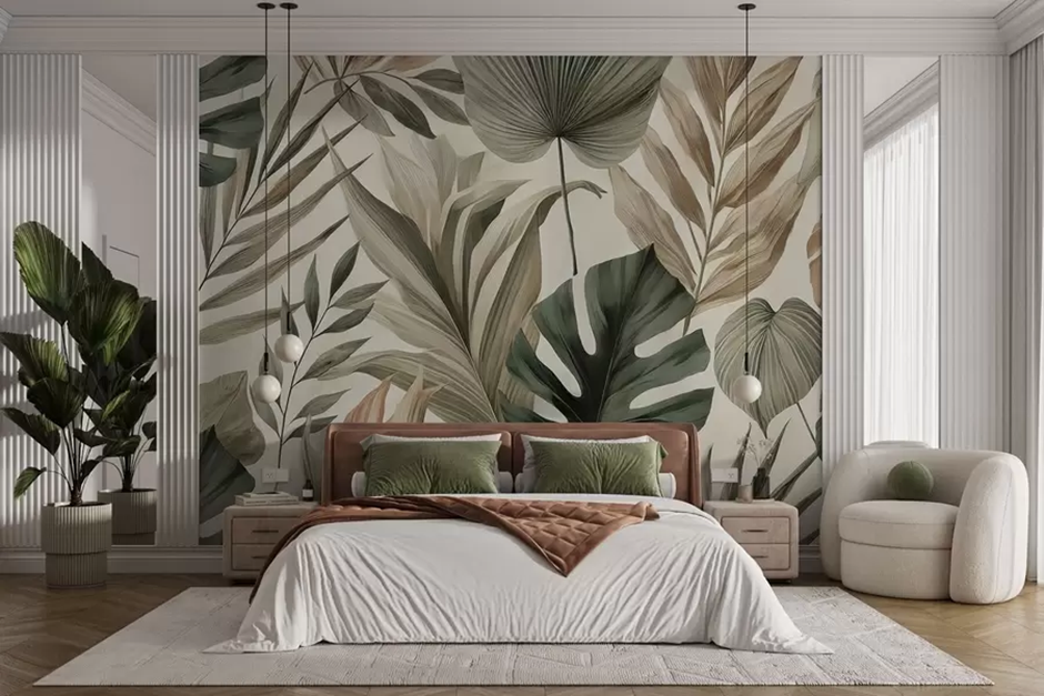 Minimalist bedroom with an artistic mural showcasing subtle floral patterns for a calming effect.