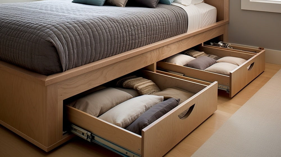 Wooden bed with underbed storage drawers filled with pillows and blankets