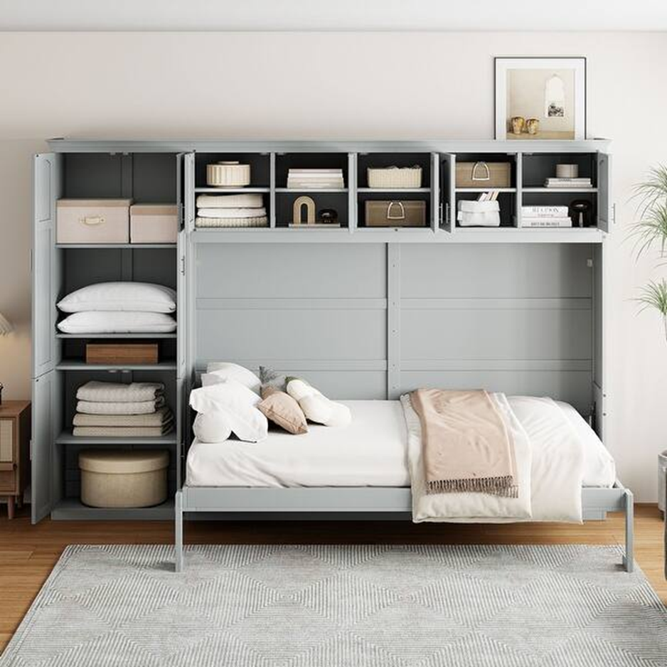 Foldable Murphy bed with built-in storage shelves and organized linens