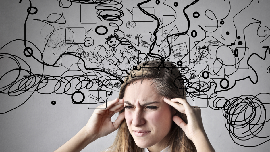 Overwhelmed woman with chaotic thoughts illustrated around her head, representing mental overload or anxiety