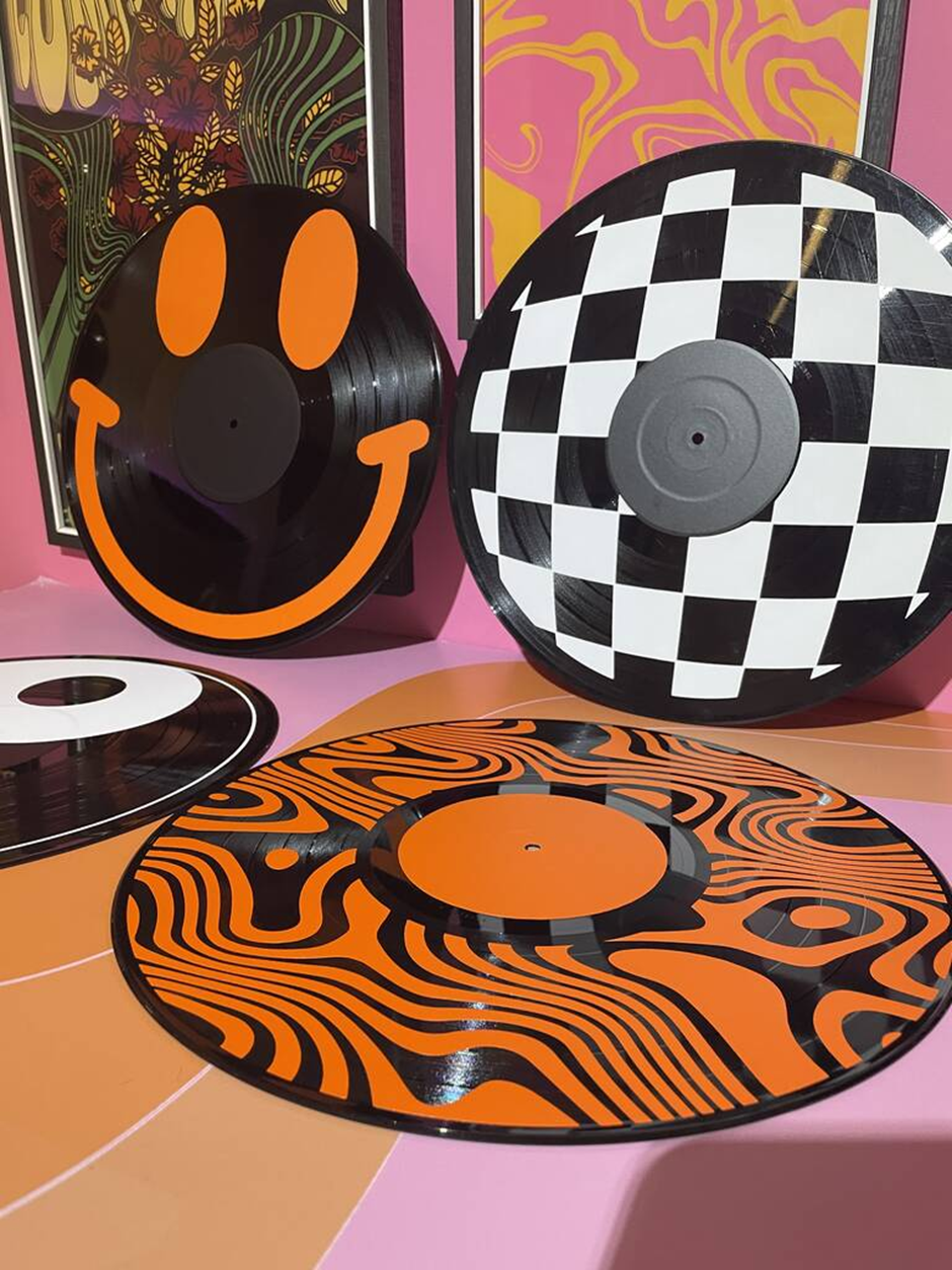 Painted vinyl record wall art smiley, checkerboard, abstract.