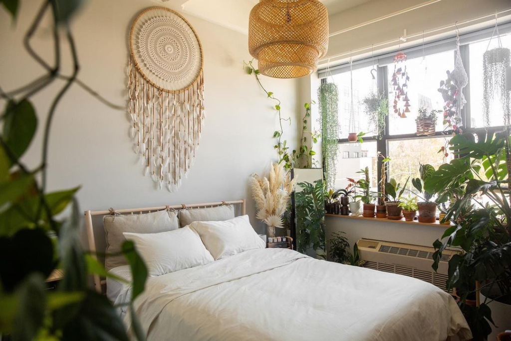 A well decorated boho themed bed room.