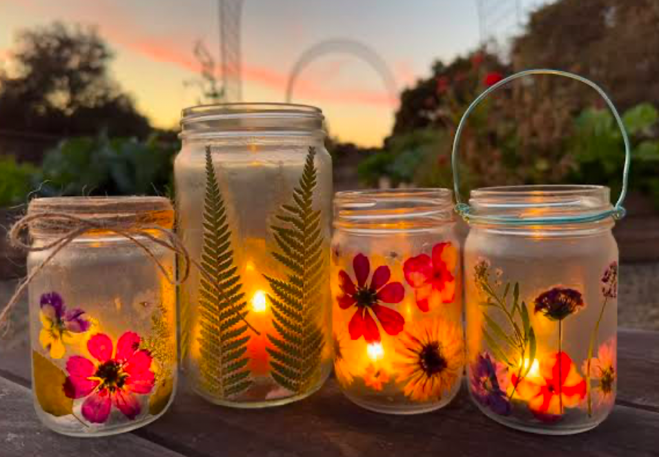 Floral painted mason jars as candle holders
