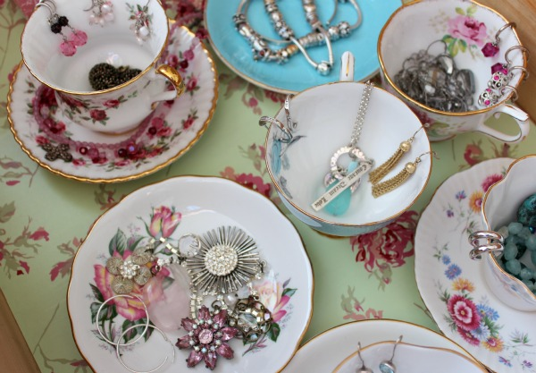 Repurposed teacup used to display jewelry.